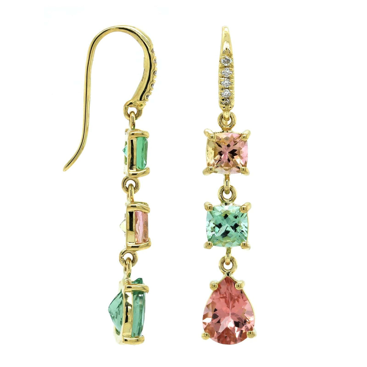 18K Yellow Gold Pink and Green Tourmaline Drop Earrings