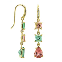 18K Yellow Gold Pink and Green Tourmaline Drop Earrings