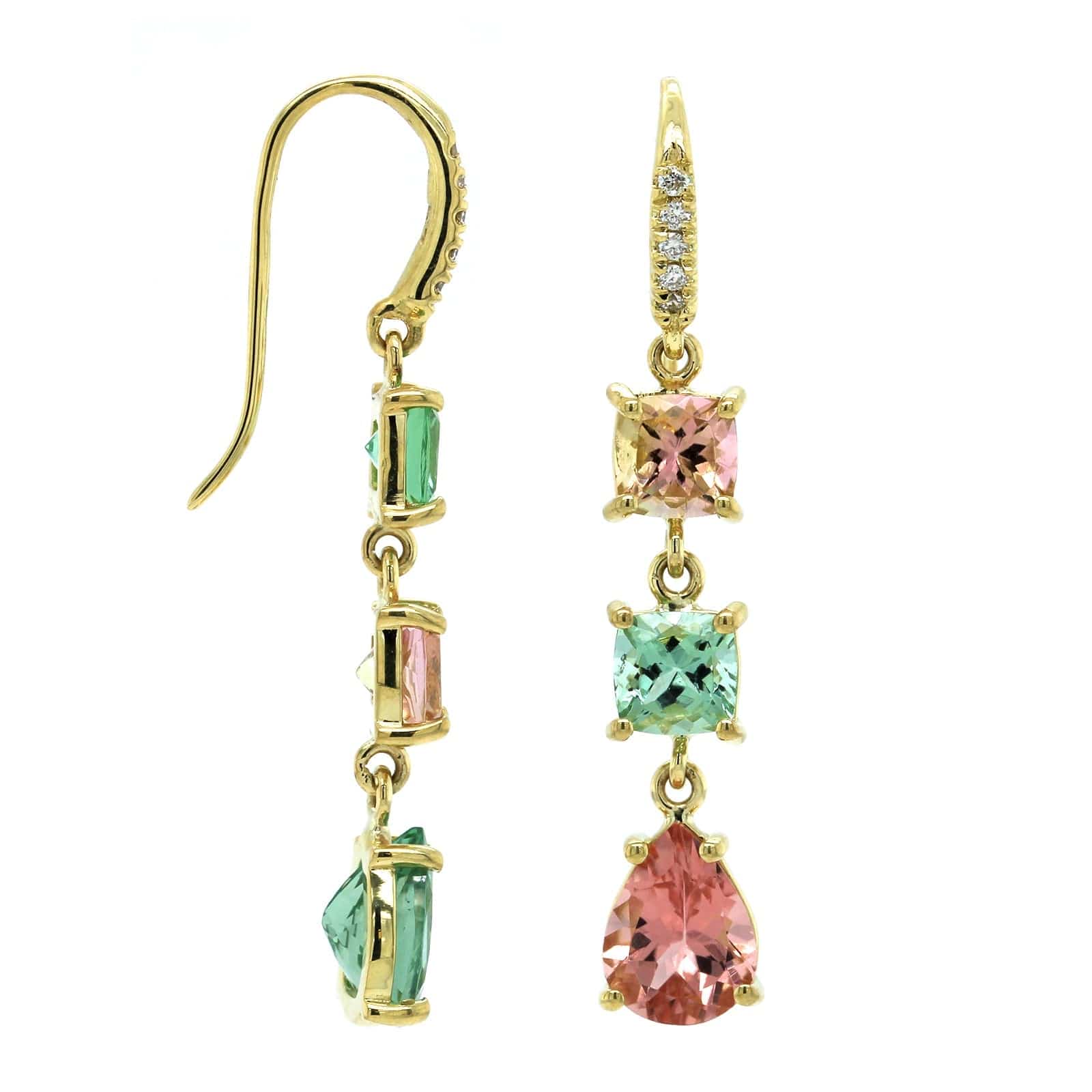 18K Yellow Gold Pink and Green Tourmaline Drop Earrings