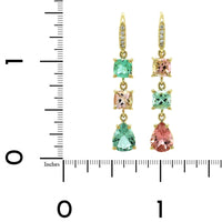 18K Yellow Gold Pink and Green Tourmaline Drop Earrings