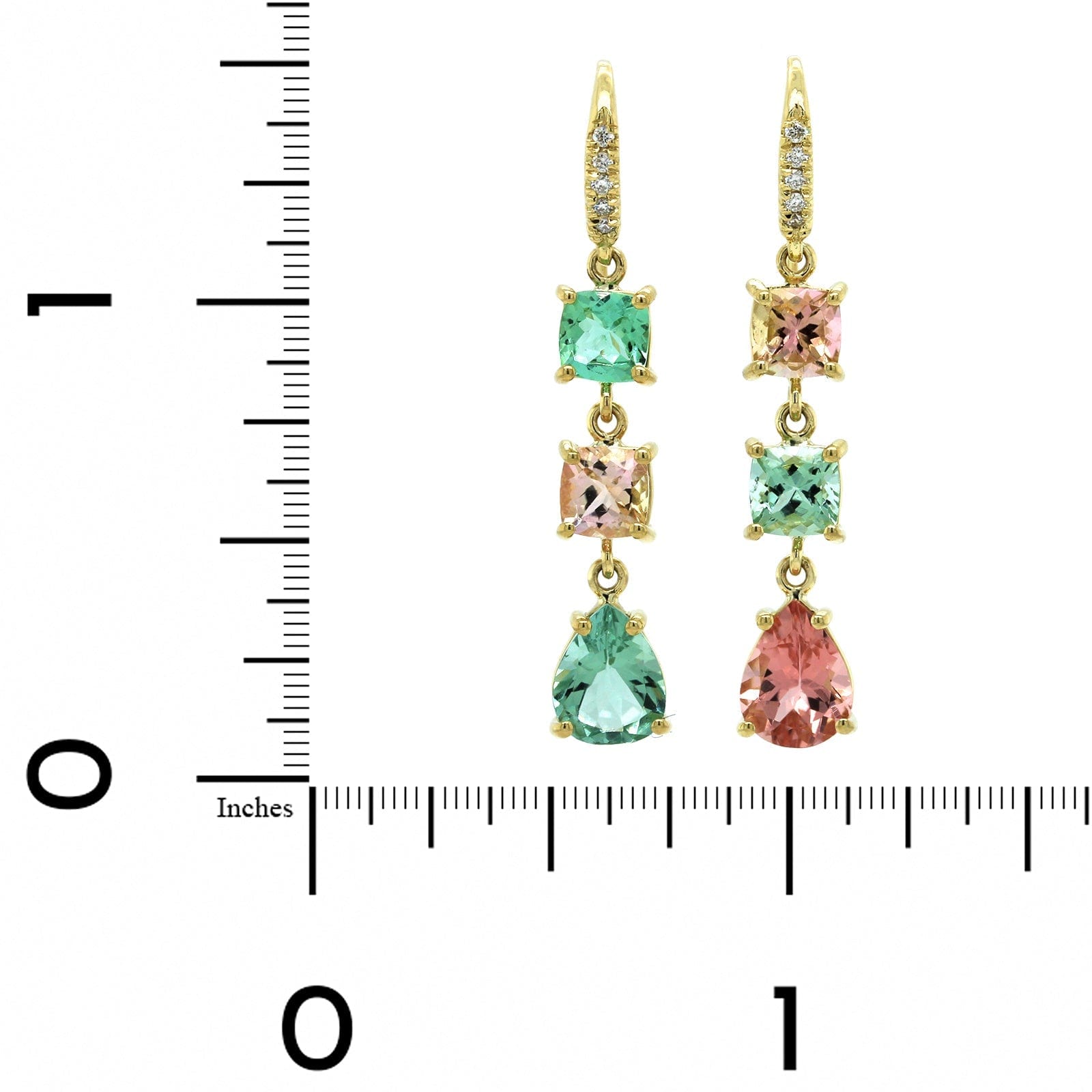18K Yellow Gold Pink and Green Tourmaline Drop Earrings