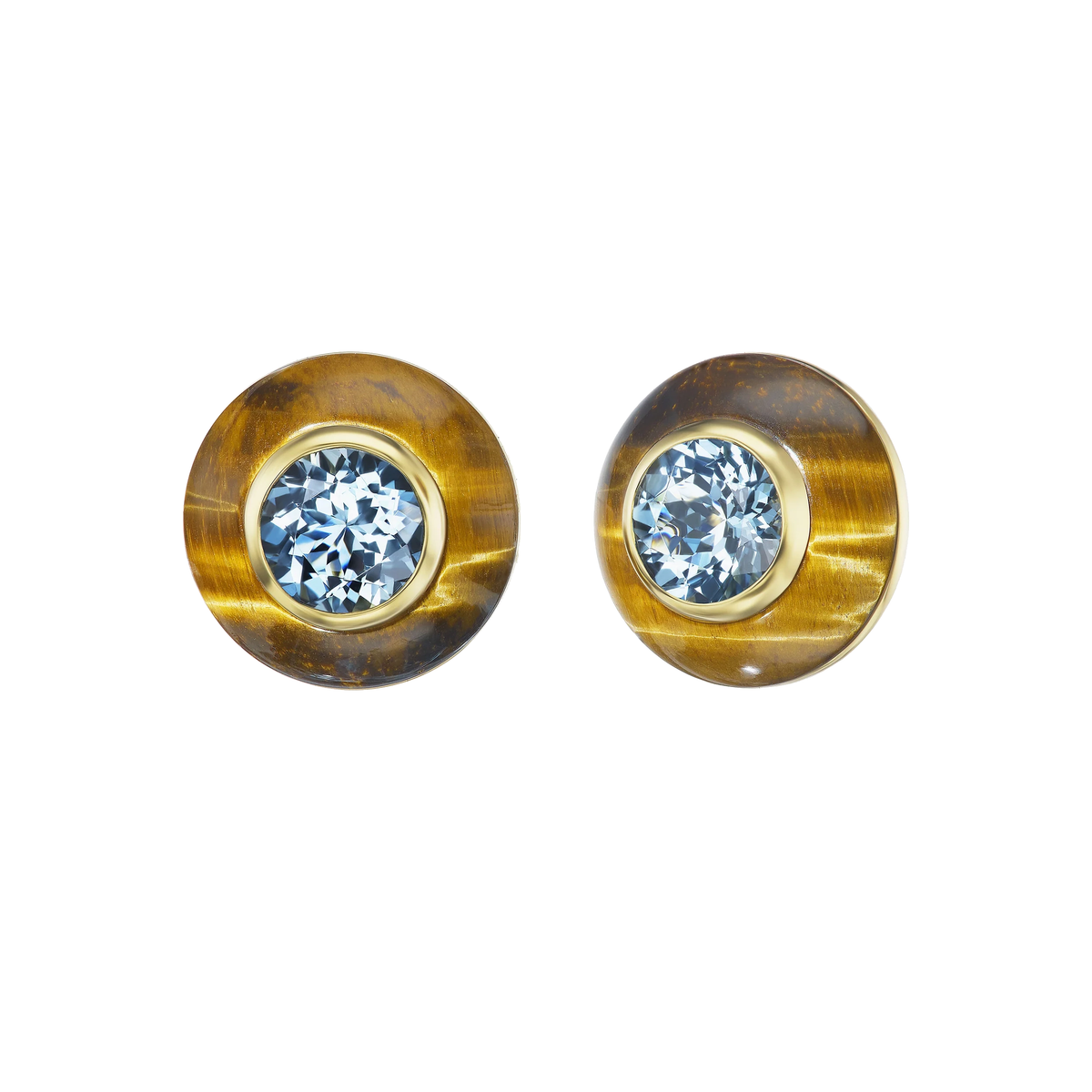18K Yellow Gold Aquamarine and Tiger's Eye Button Stud Earrings