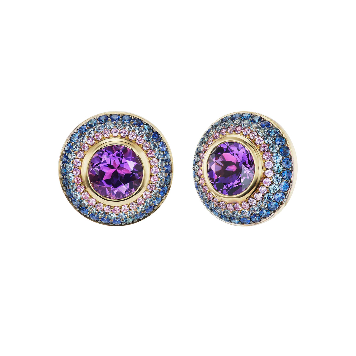 18K Yellow Gold Ombre Amethyst and Sapphire Stud Earrings