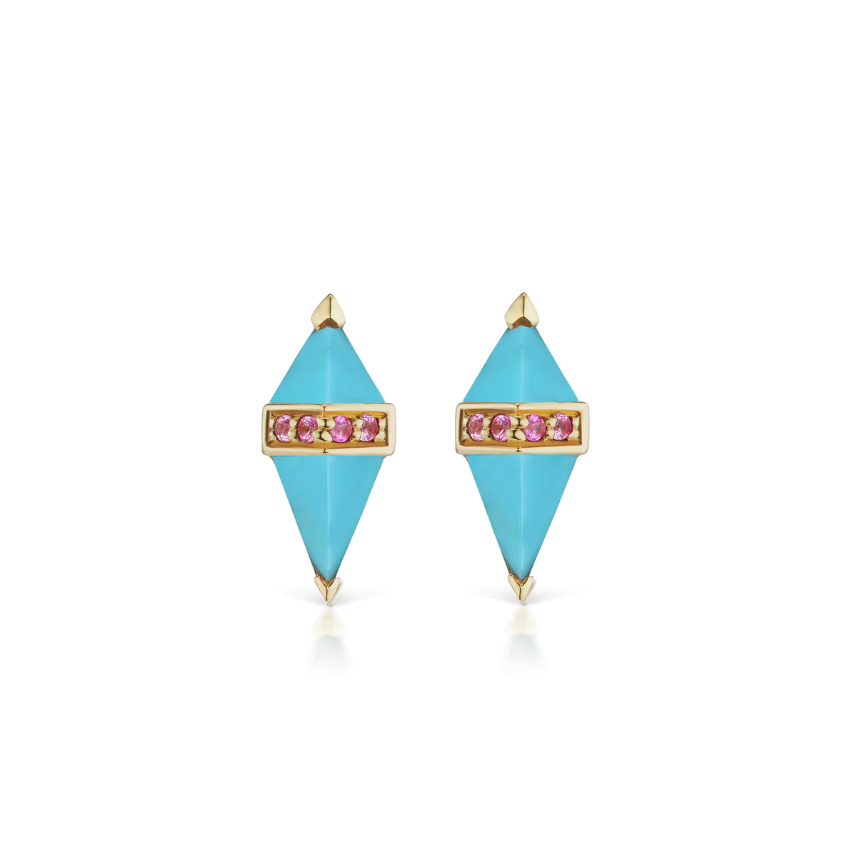 18K Yellow Pietra Turquoise and Pink Sapphire Stud Earrings