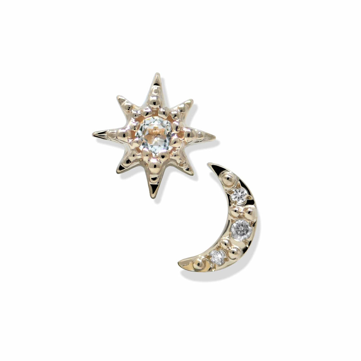 14K Yellow Gold Moon Starburst Topaz Stud Earrings