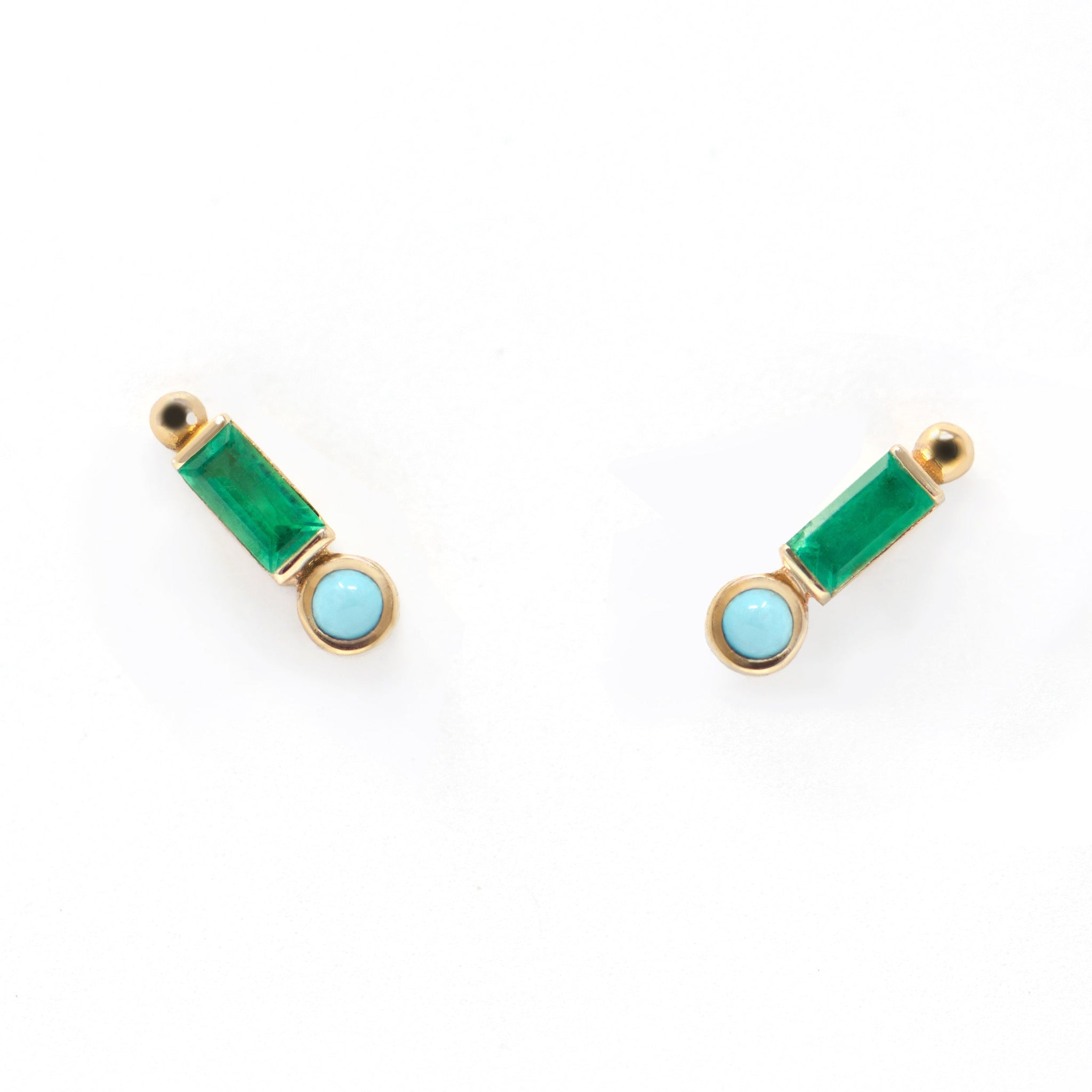 14K Yellow Gold Emerald and Turquoise Stud Earrings
