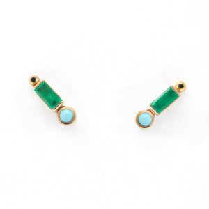 14K Yellow Gold Emerald and Turquoise Stud Earrings