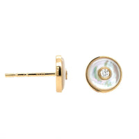 14K Yellow Gold Round Mother of Pearl and Diamond Stud Earrings