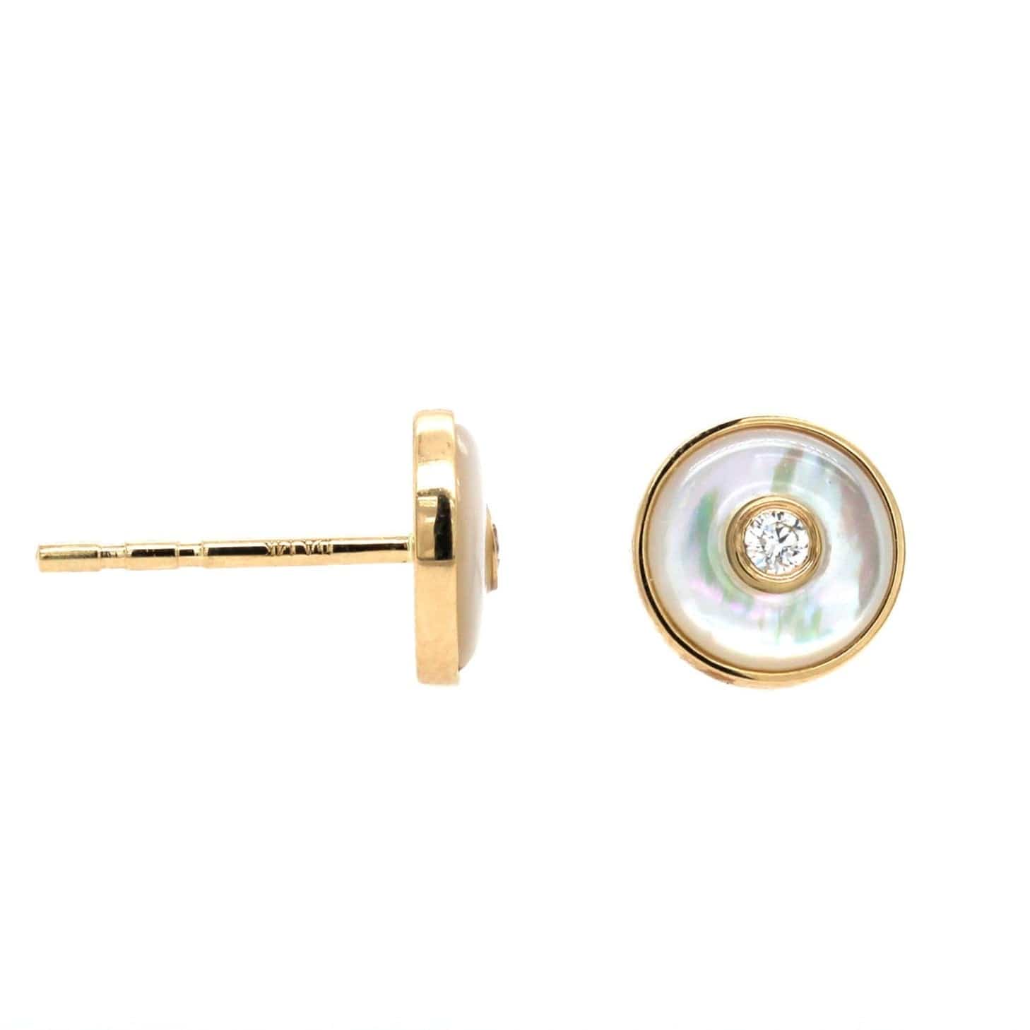 14K Yellow Gold Round Mother of Pearl and Diamond Stud Earrings