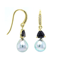 18K Yellow Gold Purple Trillion Spinel, Akoya Pearl, and Diamond Drop Earrings