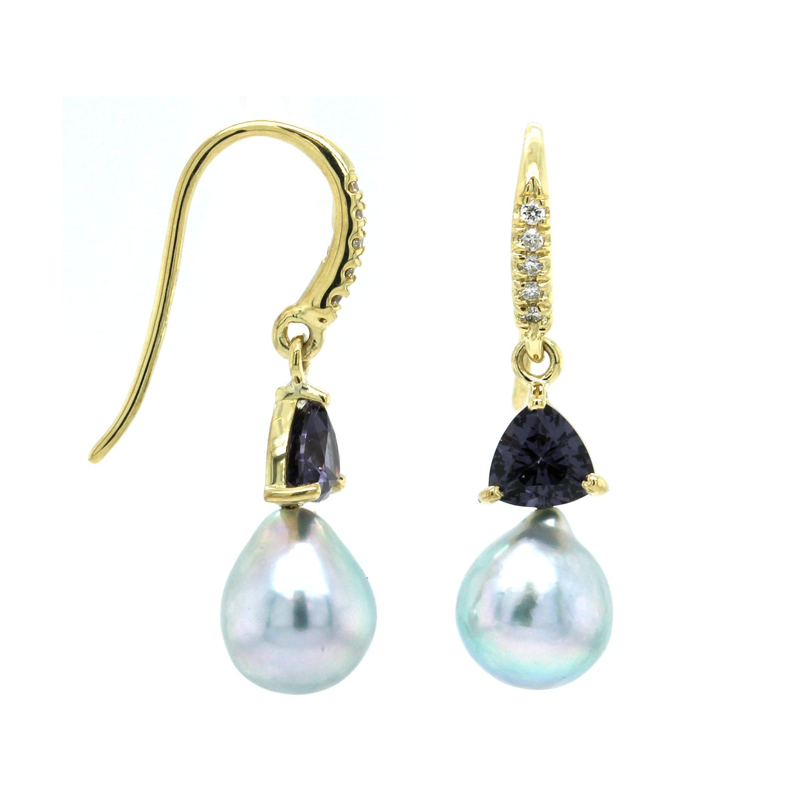 18K Yellow Gold Purple Trillion Spinel, Akoya Pearl, and Diamond Drop Earrings