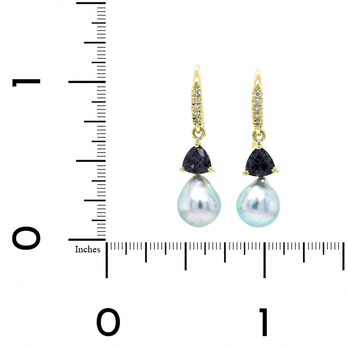 18K Yellow Gold Purple Trillion Spinel, Akoya Pearl, and Diamond Drop Earrings