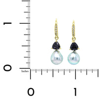 18K Yellow Gold Purple Trillion Spinel, Akoya Pearl, and Diamond Drop Earrings