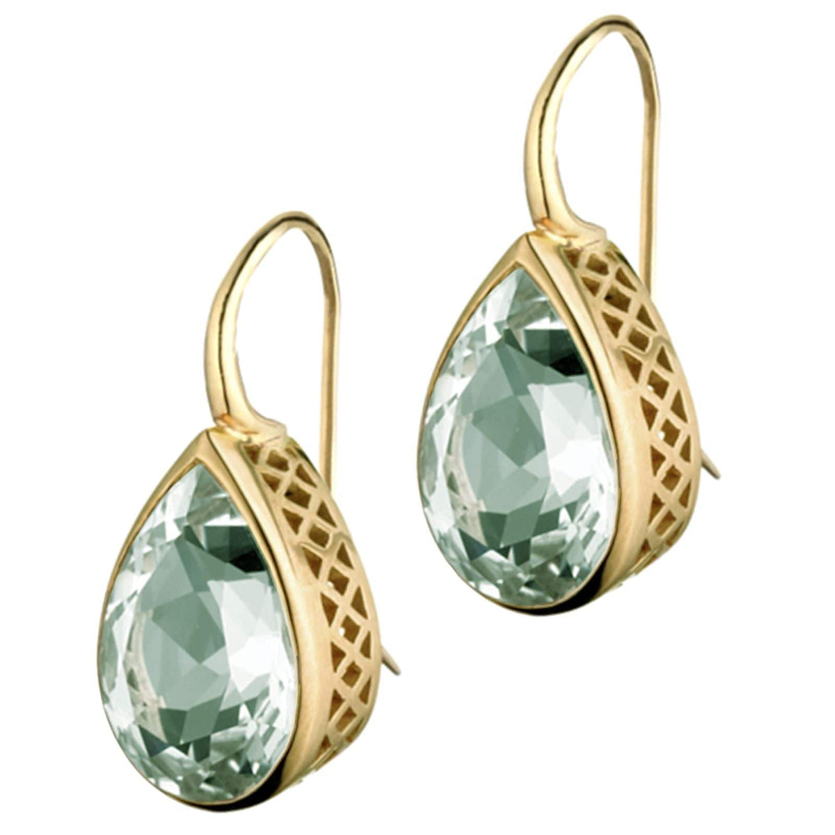 18K Yellow Gold Pear Shaped Prasiolite Crownwork Earrings