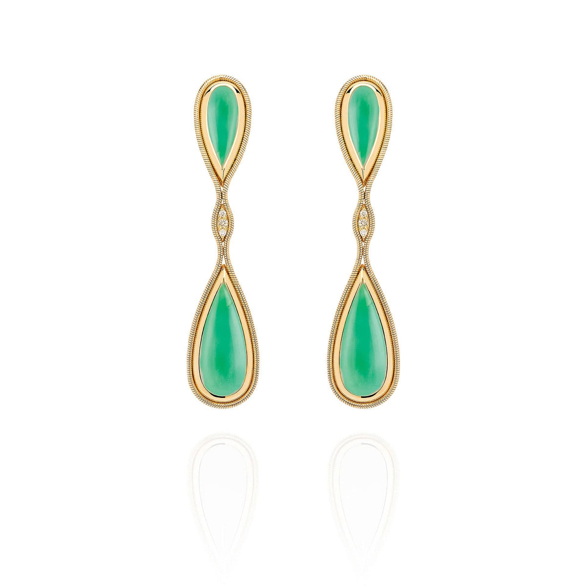 18K Yellow Gold, Diamond and Chrysoprase Small Fluid Drop Earrings
