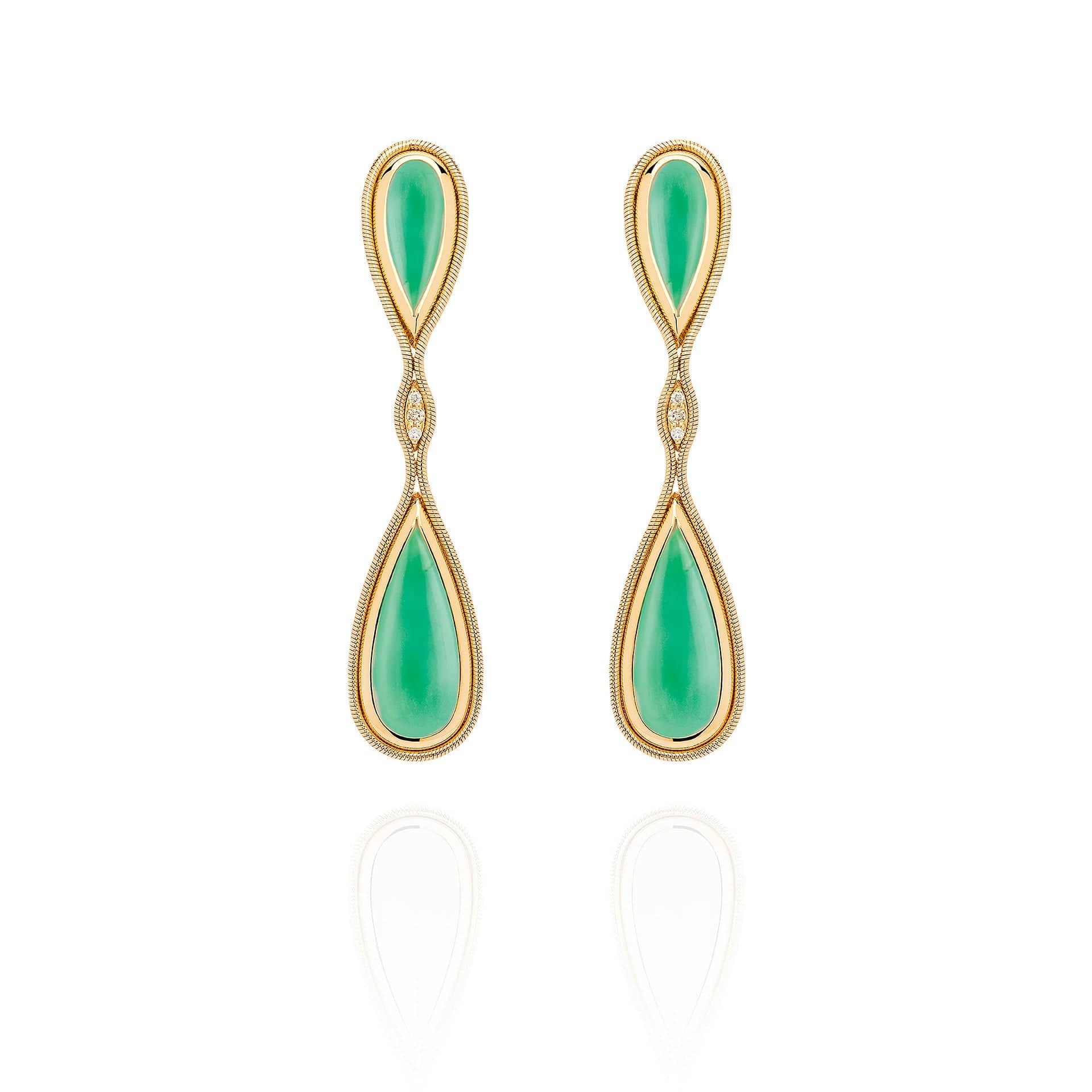 18K Yellow Gold, Diamond and Chrysoprase Small Fluid Drop Earrings