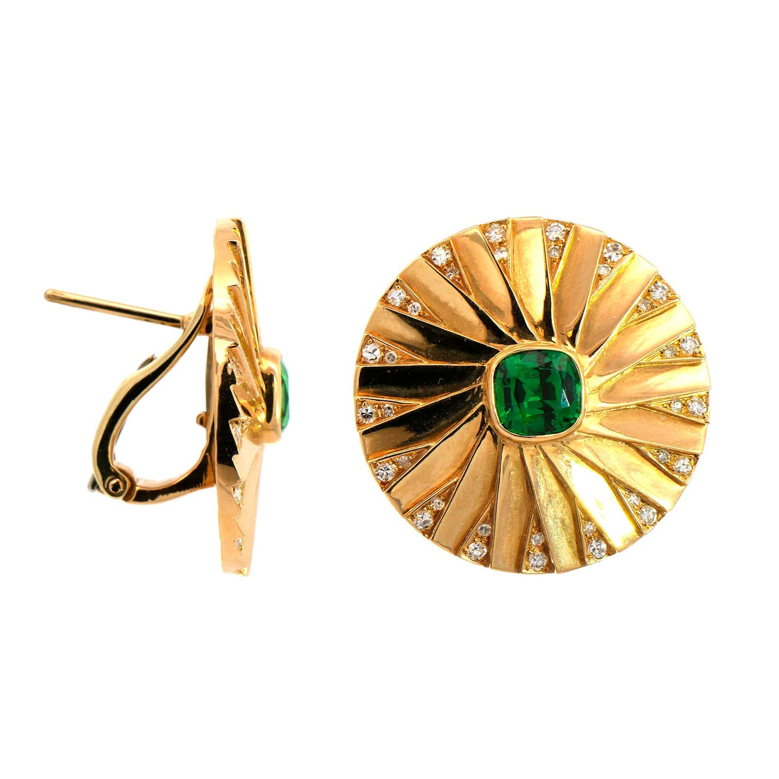 18K Yellow Gold Tsavorite & Diamond Pin Wheel Stud Earrings
