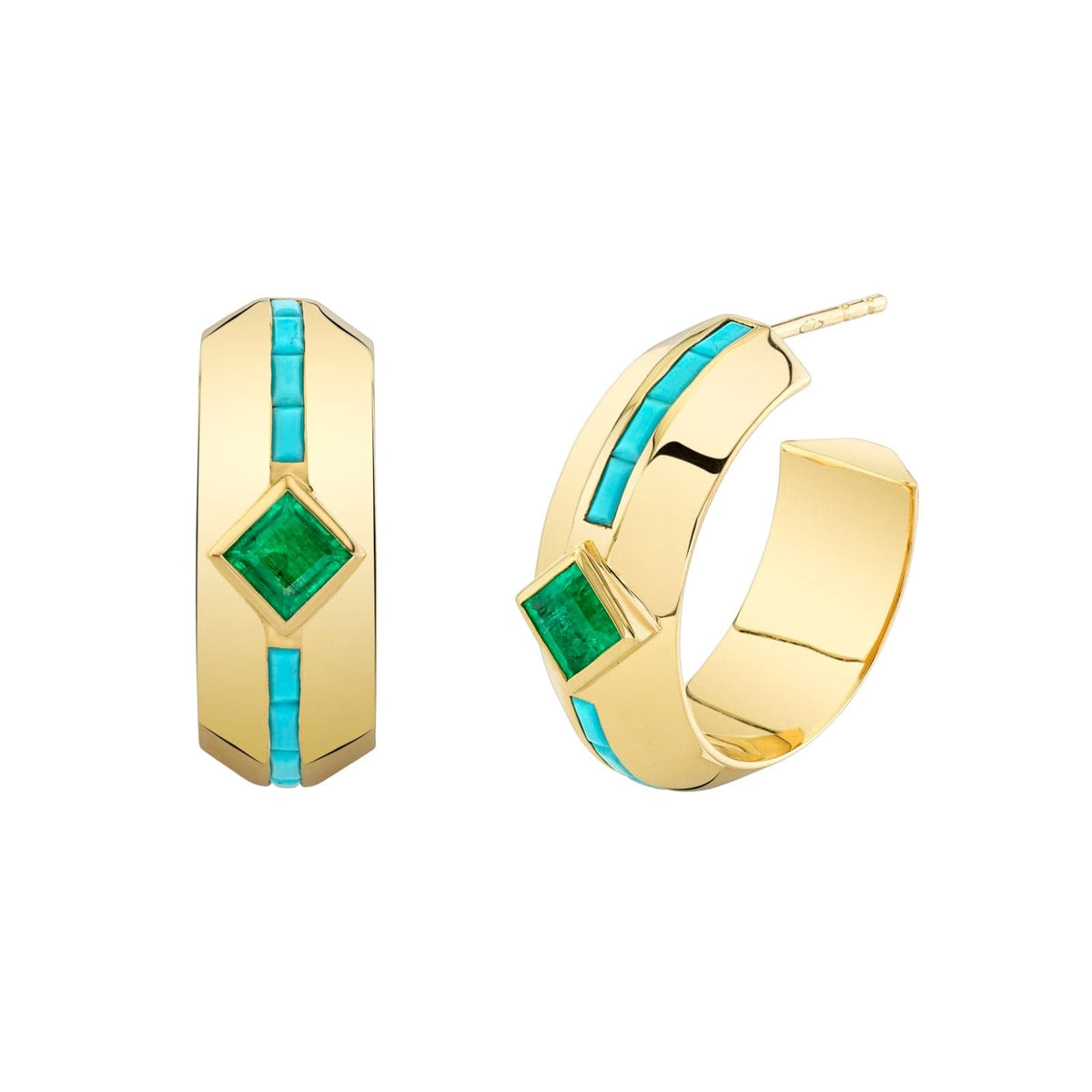 18K Yellow Gold Emerald and Turquoise Emma Hoops