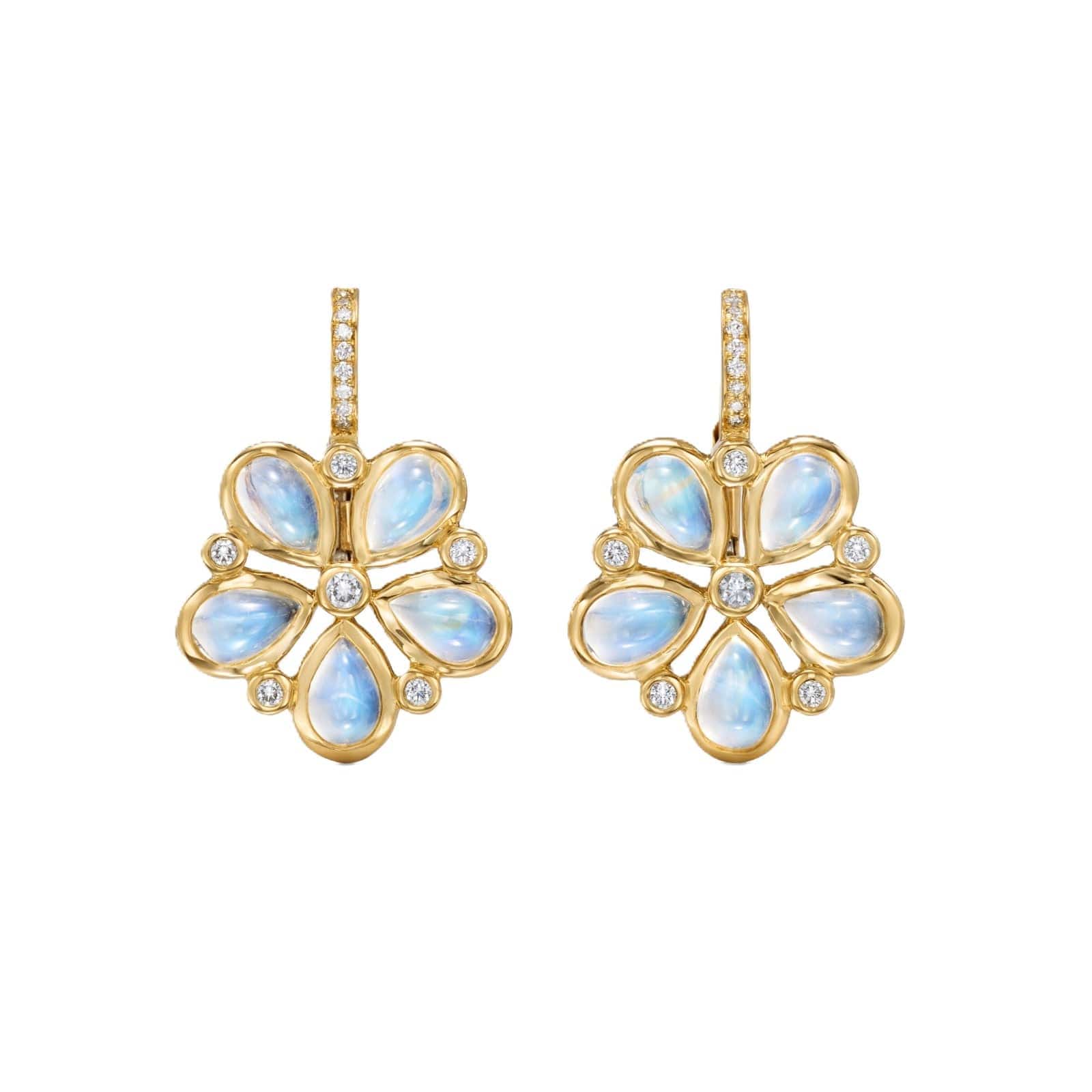 Temple St. Clair 18K Yellow Gold Lunar Flower Blue Moonstone and Diamond Earrings