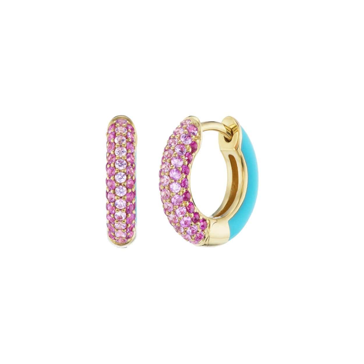 Emily P. Wheeler 18K Yellow Gold Pink Sapphire and Ruby Baby Duo Enameled Hoop Earrings