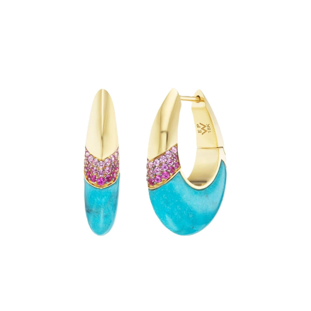 18K Yellow Gold Ombre Pink Sapphire and Turquoise Huggie Earrings