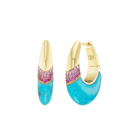 18K Yellow Gold Ombre Pink Sapphire and Turquoise Huggie Earrings