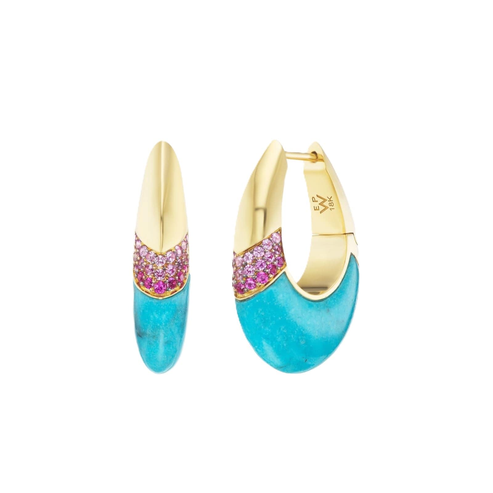 18K Yellow Gold Ombre Pink Sapphire and Turquoise Huggie Earrings