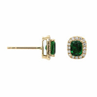 14K Yellow Gold Cushion Cut Tsavorite and Diamond Stud Earrings