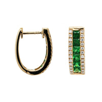 14K Yellow Gold 3 Row Tsavorite and Diamond Hoop Earrings