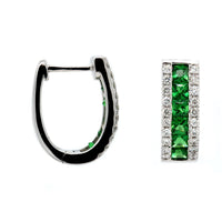 14K White Gold 3 Row Tsavorite and Diamond Hoop Earrings