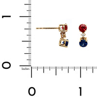 14K Yellow Gold 3 Stone Ruby, Sapphire, and Diamond Earrings