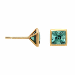 18K Yellow Gold Princess Cut Green Topaz Stud Earrings