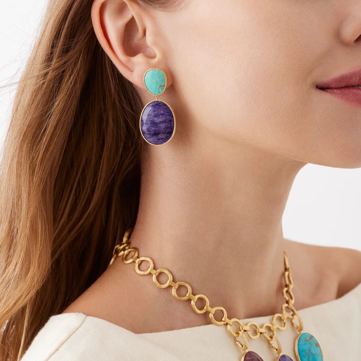 Marco Bicego 18K Yellow Gold Lunaria Turquoise and Charoite Drop Earrings