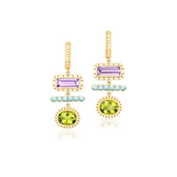 Harwell Godfrey 18K Yellow Gold 3 Stone Peridot, Amethyst, and Turquoise Totem Drop Huggie Earrings