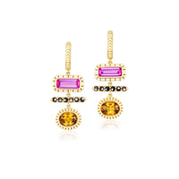 Harwell Godfrey 18K Yellow Gold 3 Stone Citrine, Topaz, and Mother of Pearl Totem Drop Huggie Earrings