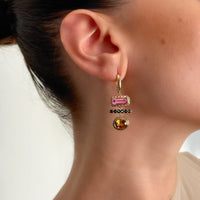 Harwell Godfrey 18K Yellow Gold 3 Stone Citrine, Topaz, and Mother of Pearl Totem Drop Huggie Earrings