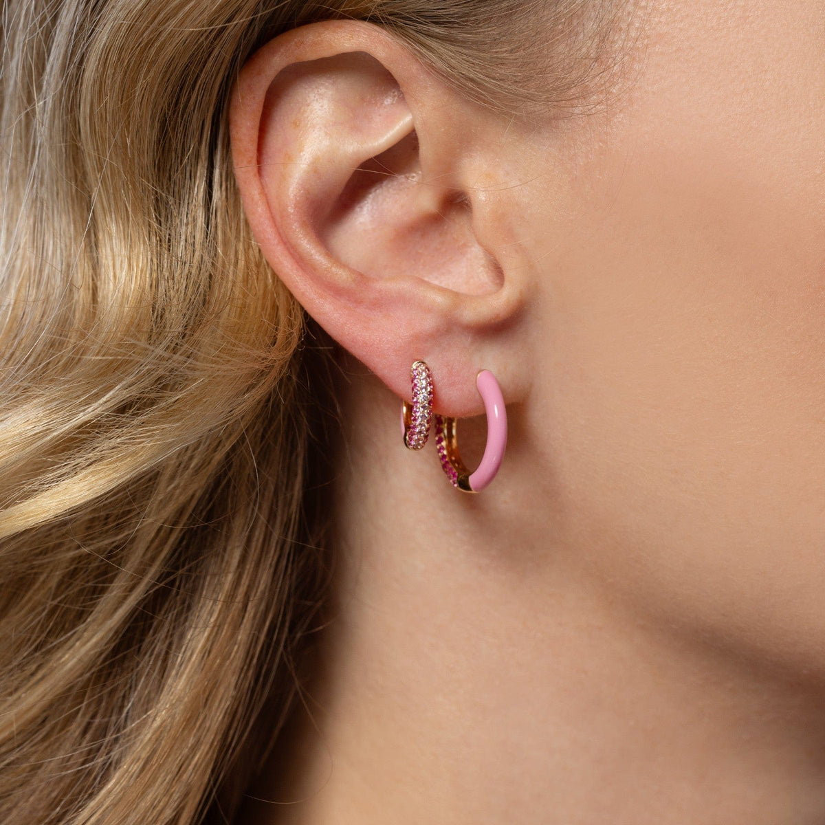 Emily P. Wheeler 18K Yellow Gold Pink Sapphire and Ruby Baby Duo Enameled Hoop Earrings