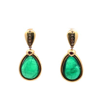 18K Yellow Gold Cabochon Emerald and Diamond Drop Earrings