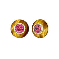 Emily P. Wheeler 18K Yellow Gold Pink Tourmaline and Tiger's Eye Button Stud Earrings