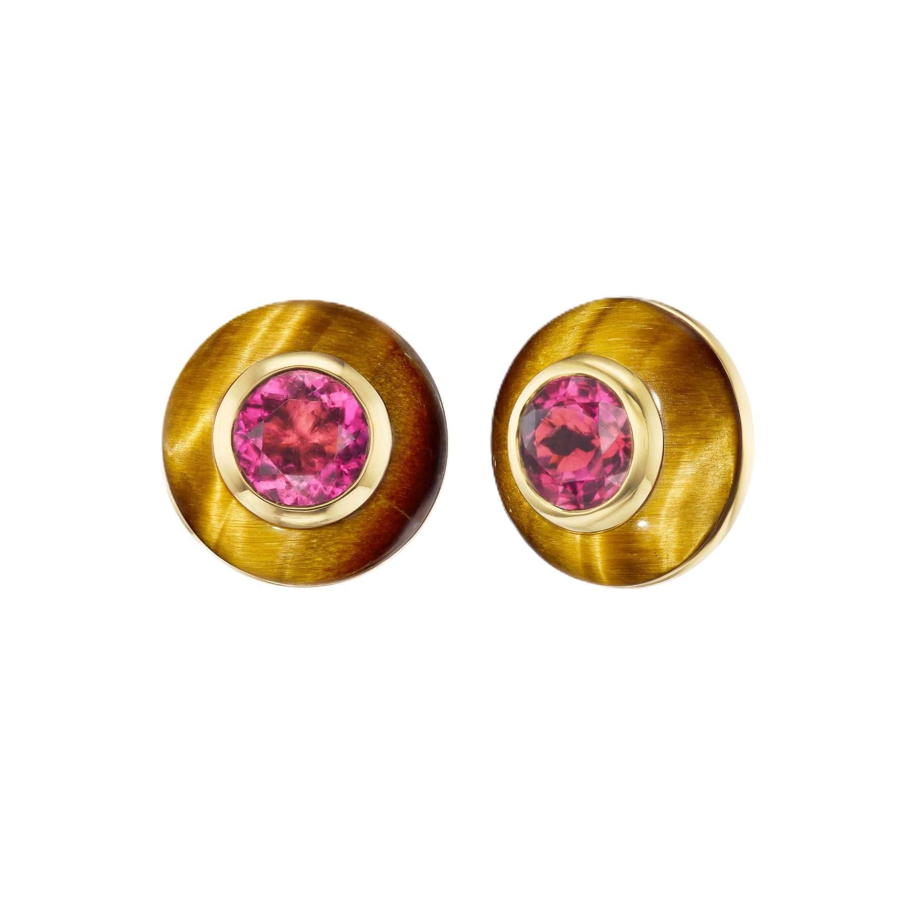 Emily P. Wheeler 18K Yellow Gold Pink Tourmaline and Tiger's Eye Button Stud Earrings