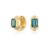 Sorellina 18K Yellow Gold One Of A Kind Emerald Cut Indicolite Tourmaline and Diamond Huggie Earrings