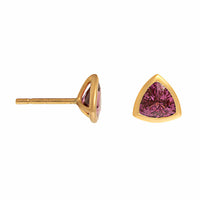 18K Yellow Gold Bezel Set Trillion Shaped Rhodolite Garnet Stud Earrings