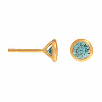 18K Yellow Gold Bezel Set Round Blue Zircon Stud Earrings