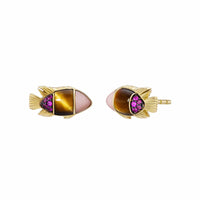 Emily P. Wheeler 18K Yellow Gold Sapphire, Tiger Eye, and Opal Fish Stud Earrings