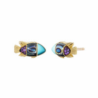 Emily P. Wheeler 18K Yellow Gold Sapphire, Abalone, and Turquoise Fish Stud Earrings