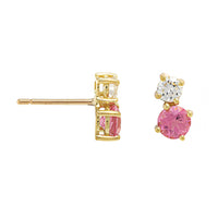 18K Yellow Gold 2 Stone Round Rubellite and Diamond Stud Earrings