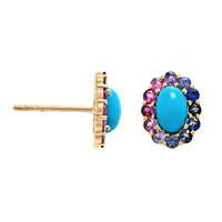 Julia Chafe 14K Yellow Gold Rainbow Colored Sapphire and Turquoise Stud Earrings