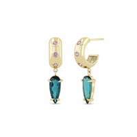 Zoe Chicco 14K Yellow Gold One-of-a-Kind Pink Sapphire and Indicolite Tourmaline Huggie Drop Earrings