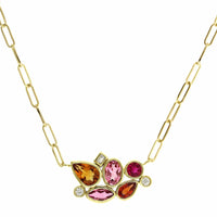 18K Yellow Gold Pink Tourmaline, Garnet, Pink Sapphire and Diamond Bubble Necklace