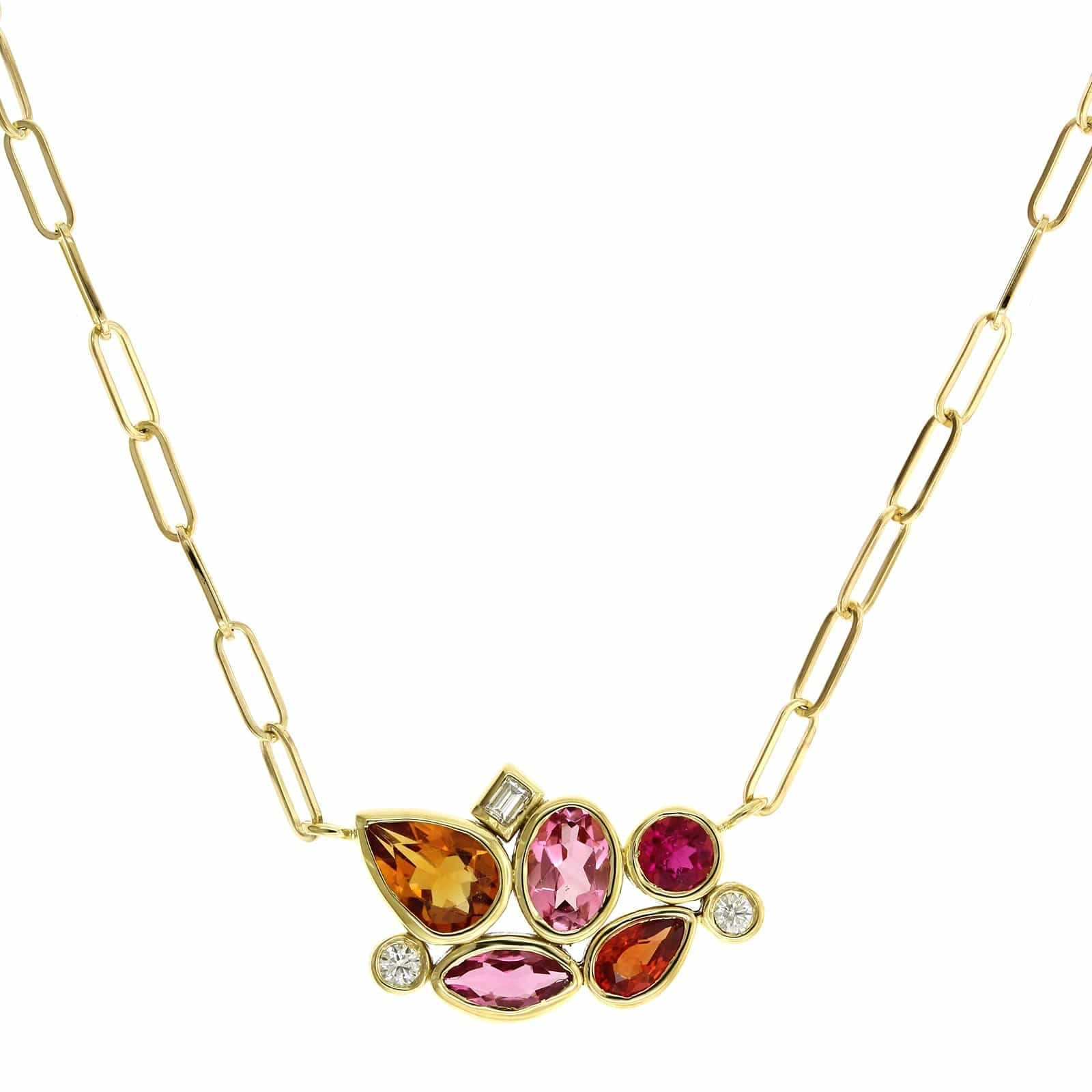 18K Yellow Gold Pink Tourmaline, Garnet, Pink Sapphire and Diamond Bubble Necklace